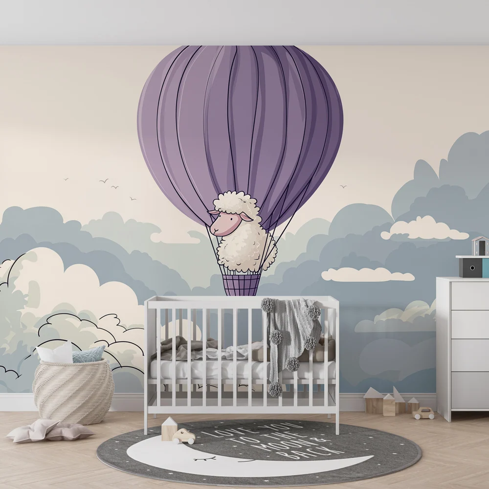 Nursery room wallpaper | Mouton dans un ballon à air chaud parmi les nuages