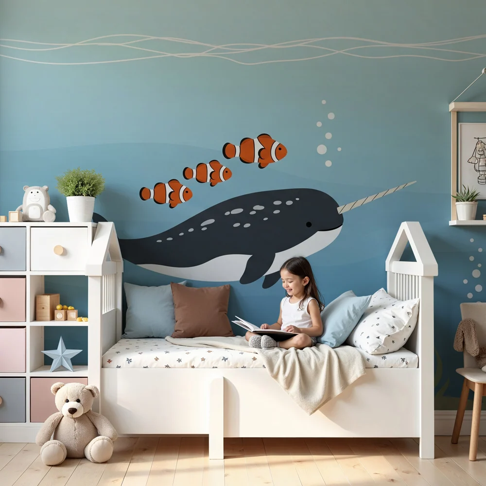 Nursery room wallpaper | Narwhal and underwater clownfish