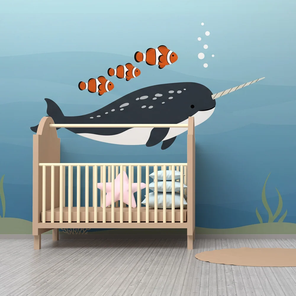 Nursery room wallpaper | Narwhal and underwater clownfish