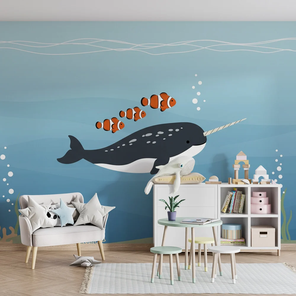 Nursery room wallpaper | Narwhal and underwater clownfish