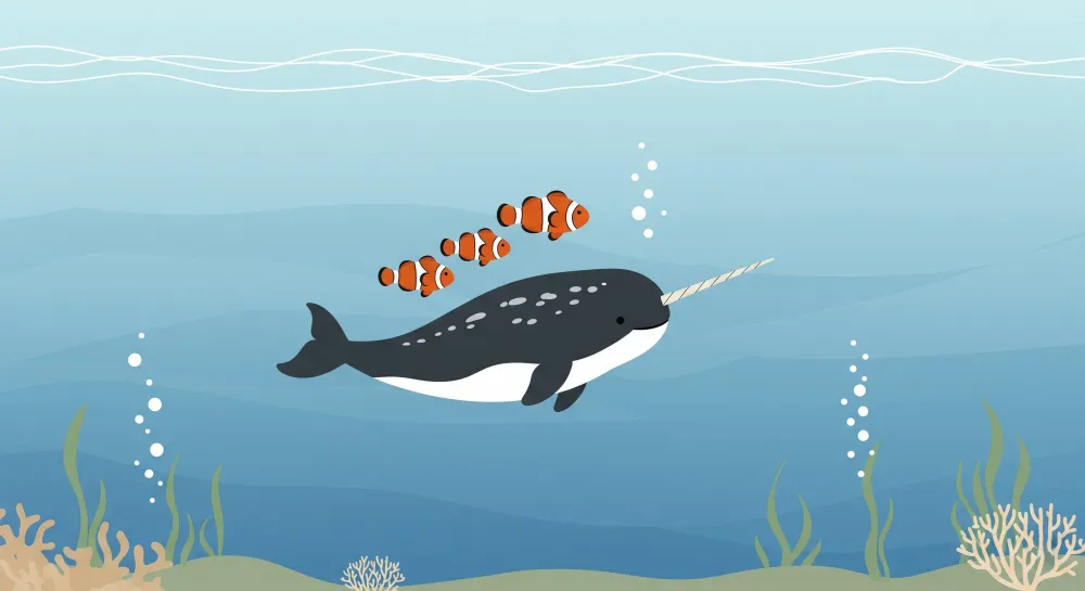 Nursery room wallpaper | Narwhal and underwater clownfish