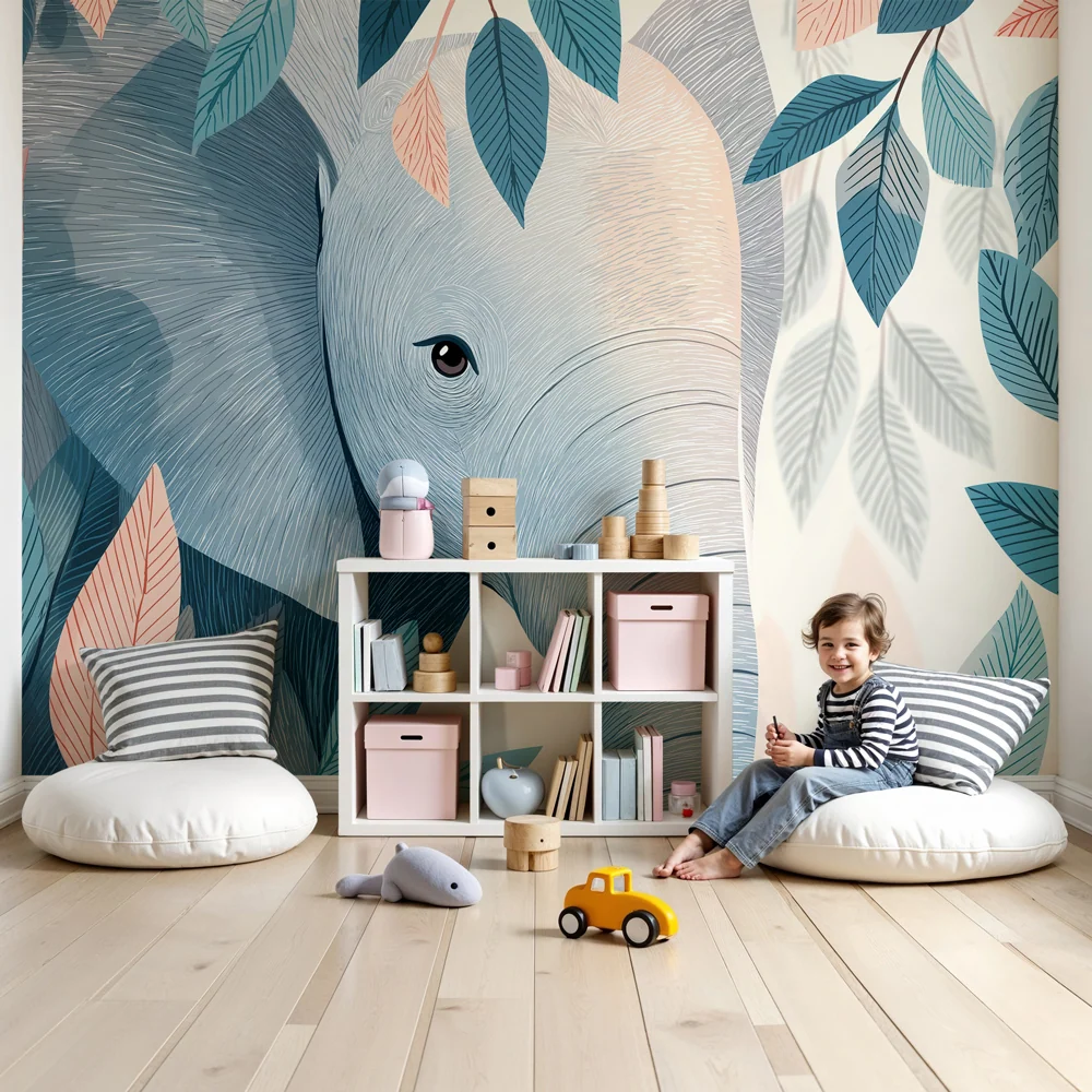 Nursery room wallpaper | Nyugodt elefánt levelek között