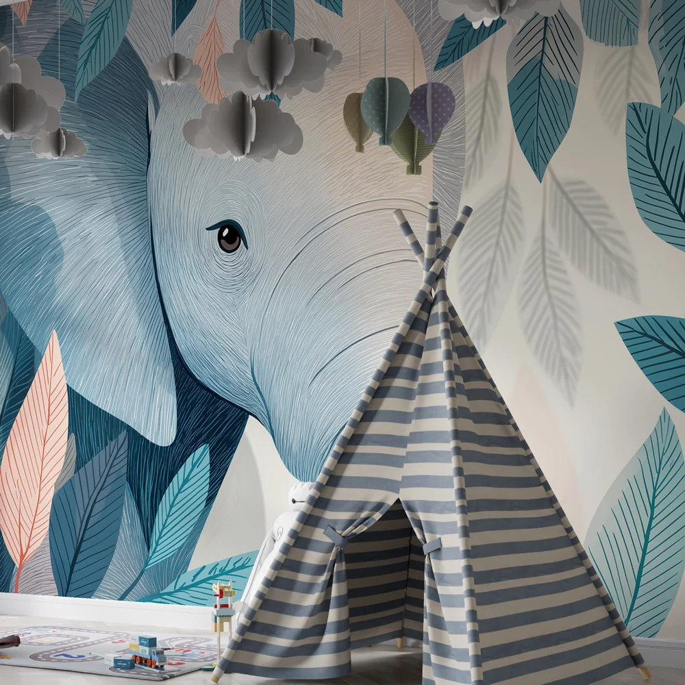 Nursery room wallpaper | Nyugodt elefánt levelek között