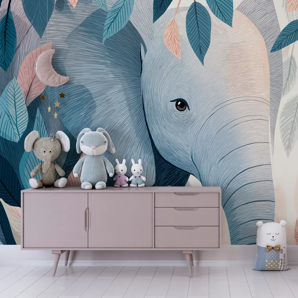 Nursery room wallpaper | Nyugodt elefánt levelek között