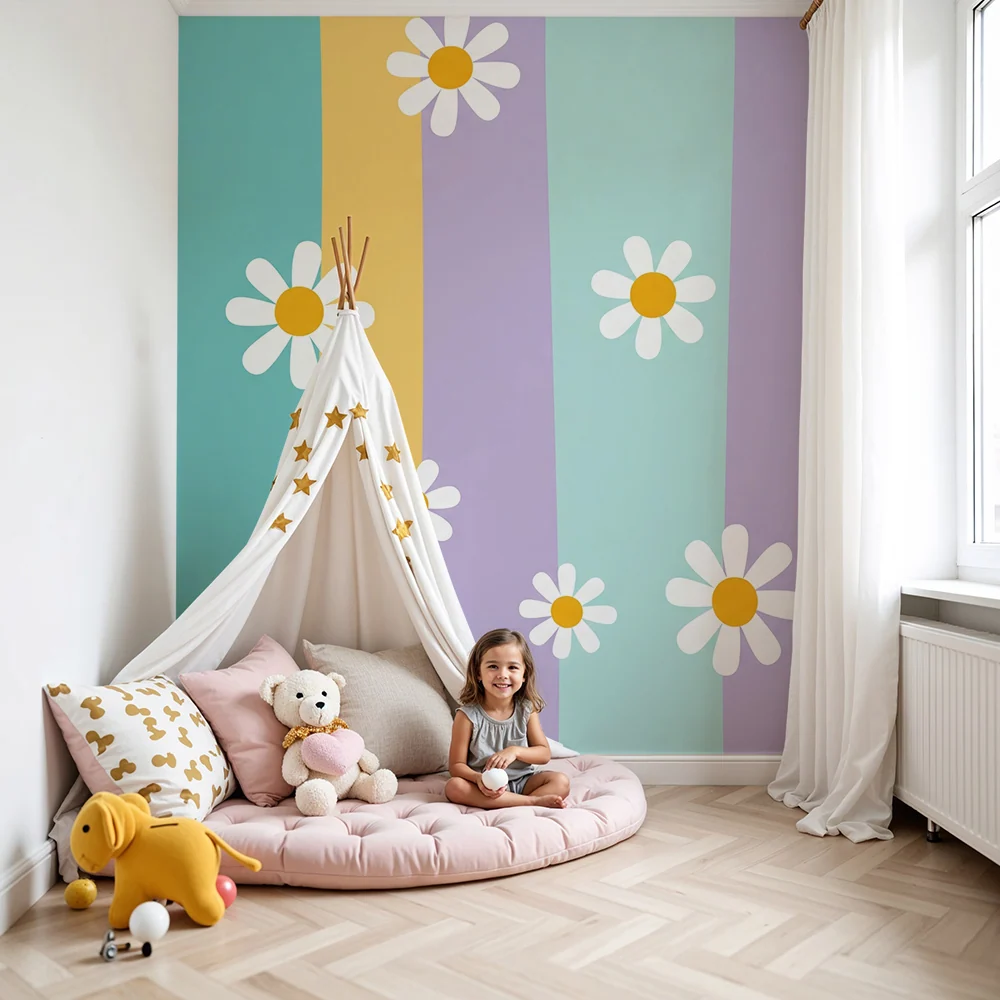 Nursery room wallpaper | Pastel stripes cheerful daisies