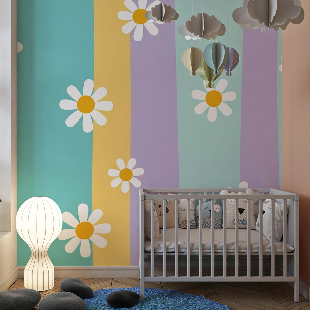 Nursery room wallpaper | Pastel stripes cheerful daisies