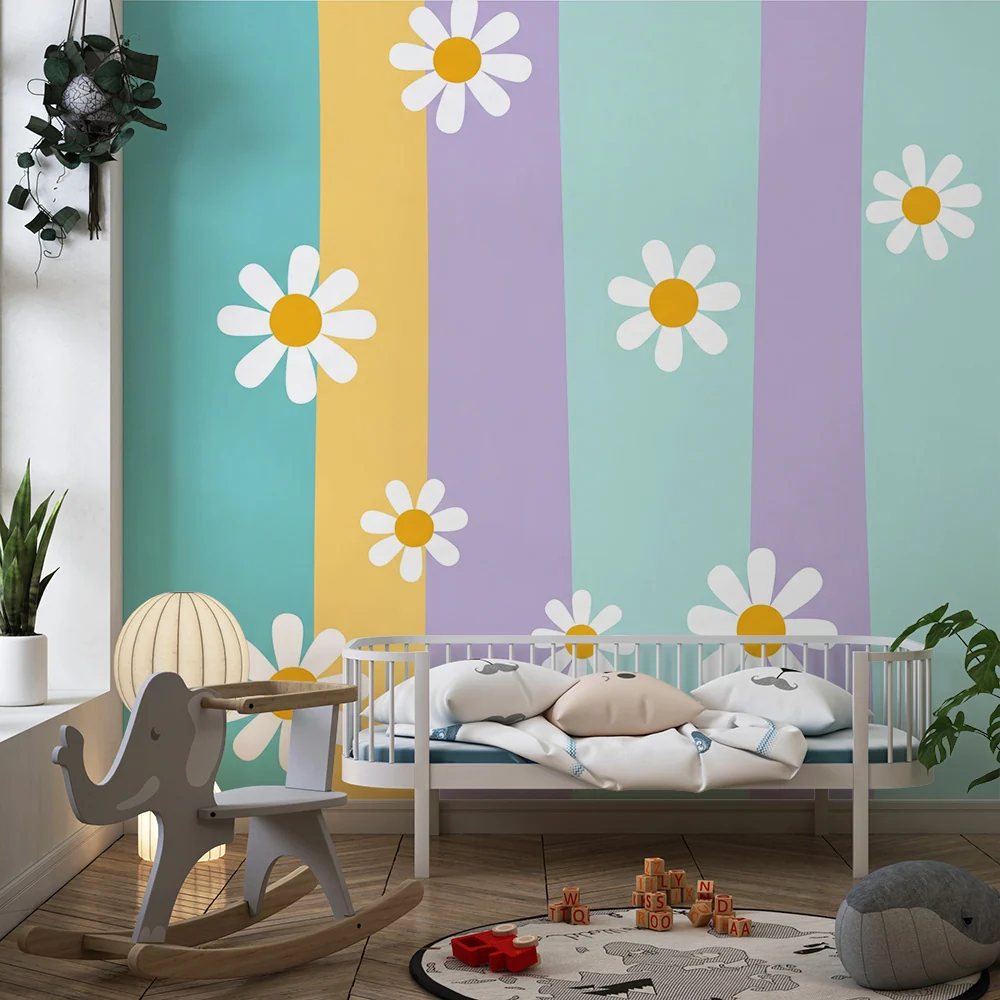 Nursery room wallpaper | Pastel stripes cheerful daisies