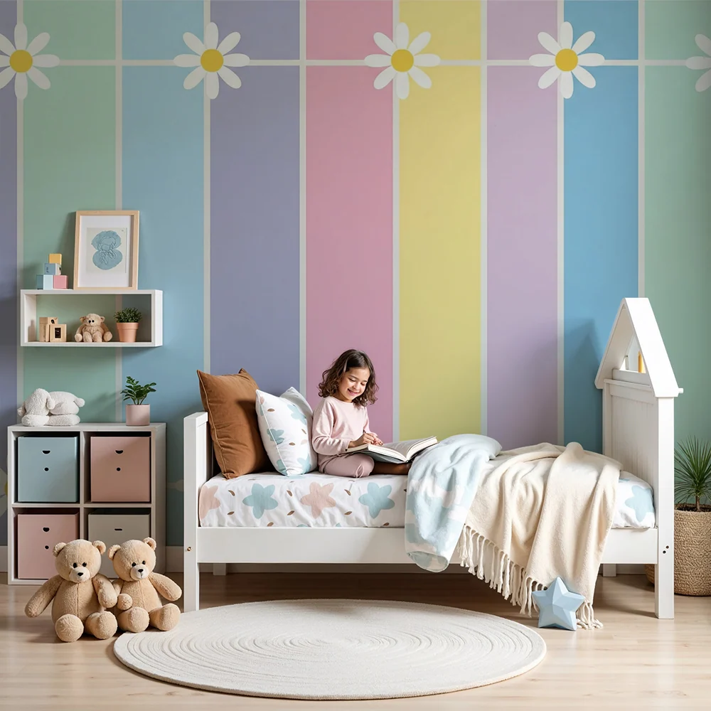 Nursery room wallpaper | Pastel stripes daisies