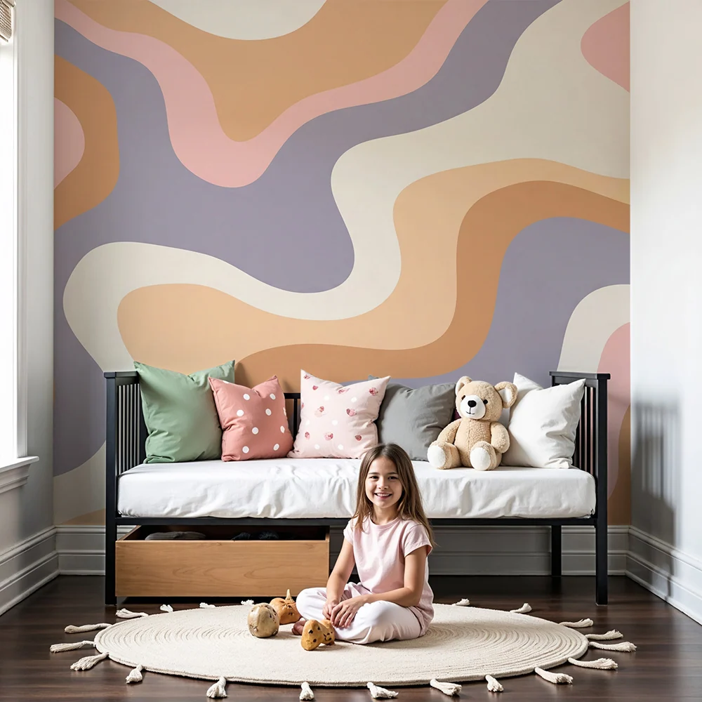 Nursery room wallpaper | Pastel wavy patterns pink and beige