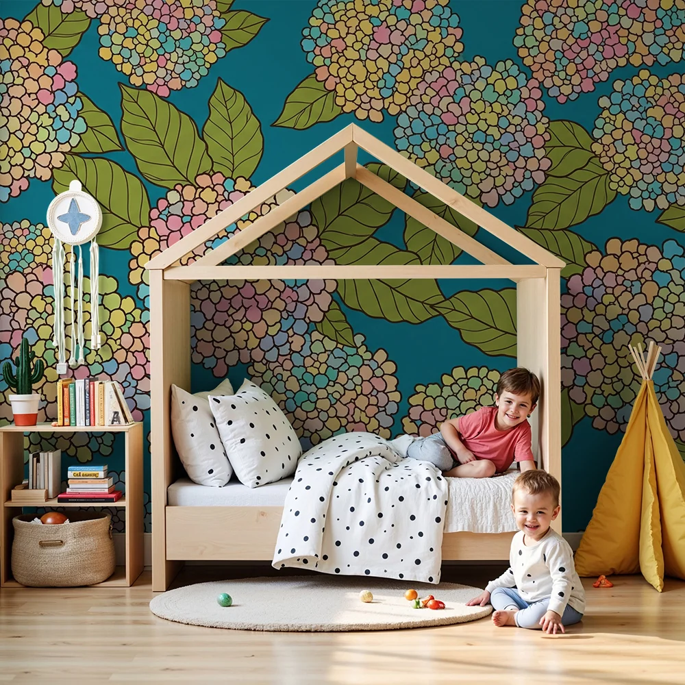 Nursery room wallpaper | Pasztell virágok turkiz hátterű, lágy hangulatért
