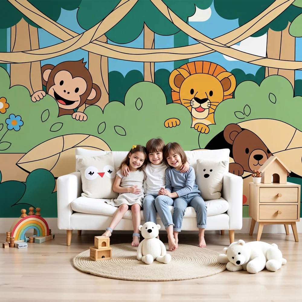 Nursery room wallpaper | Playful jungle animals