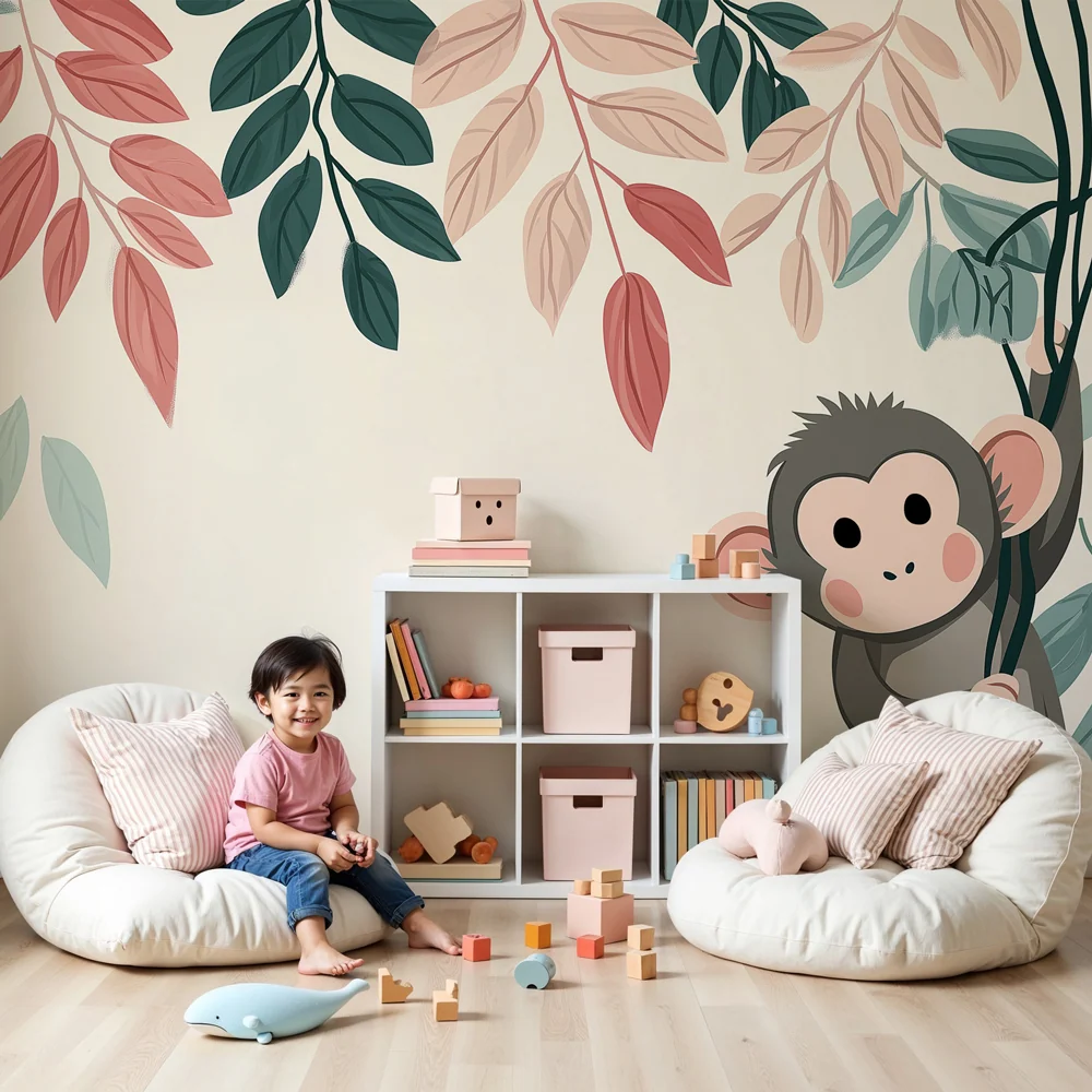 Nursery room wallpaper | Playful monkey and colorful falling leaves