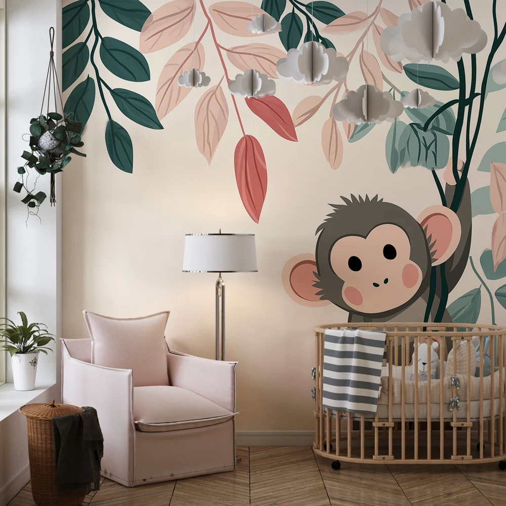 Nursery room wallpaper | Playful monkey and colorful falling leaves