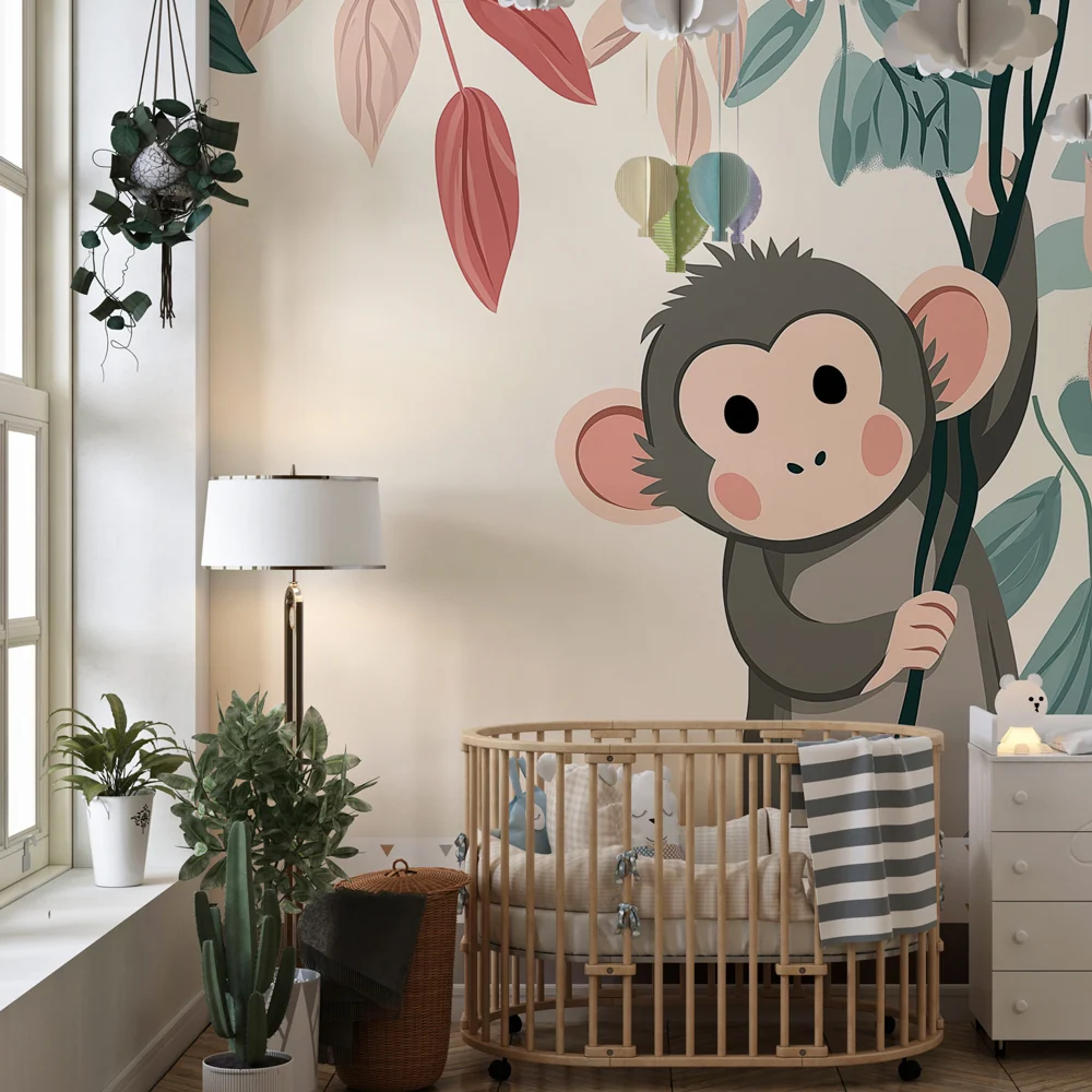 Nursery room wallpaper | Playful monkey and colorful falling leaves