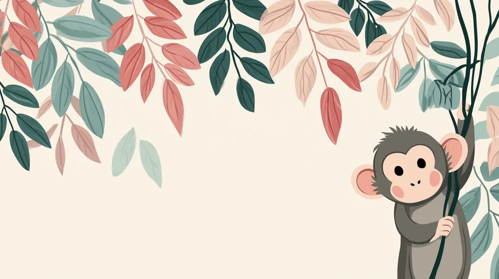 Nursery room wallpaper | Playful monkey and colorful falling leaves