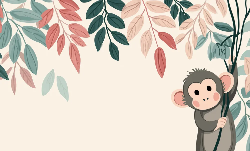 Nursery room wallpaper | Playful monkey and colorful falling leaves