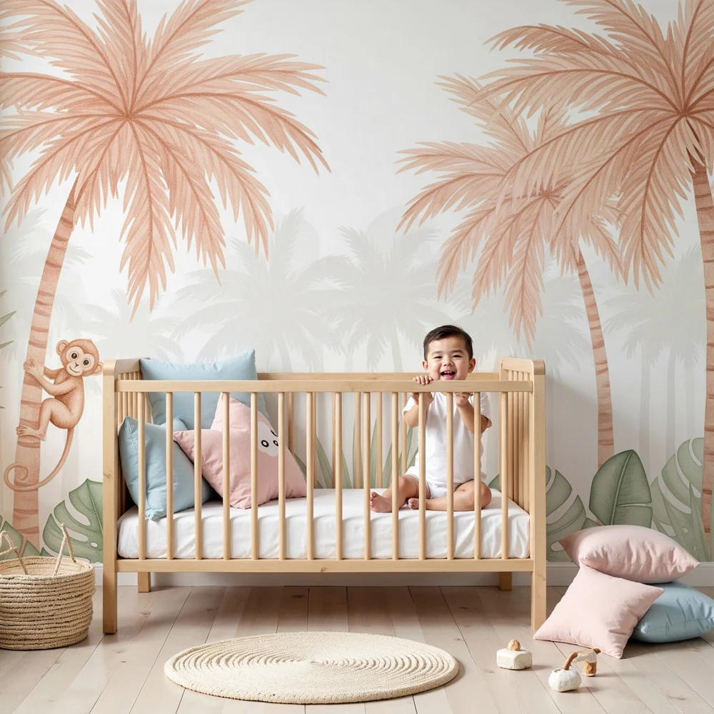Nursery room wallpaper | Playful monkey tropical setting