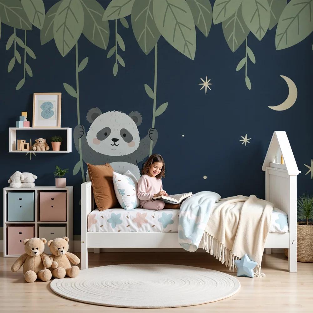 Nursery room wallpaper | Playful panda under stars