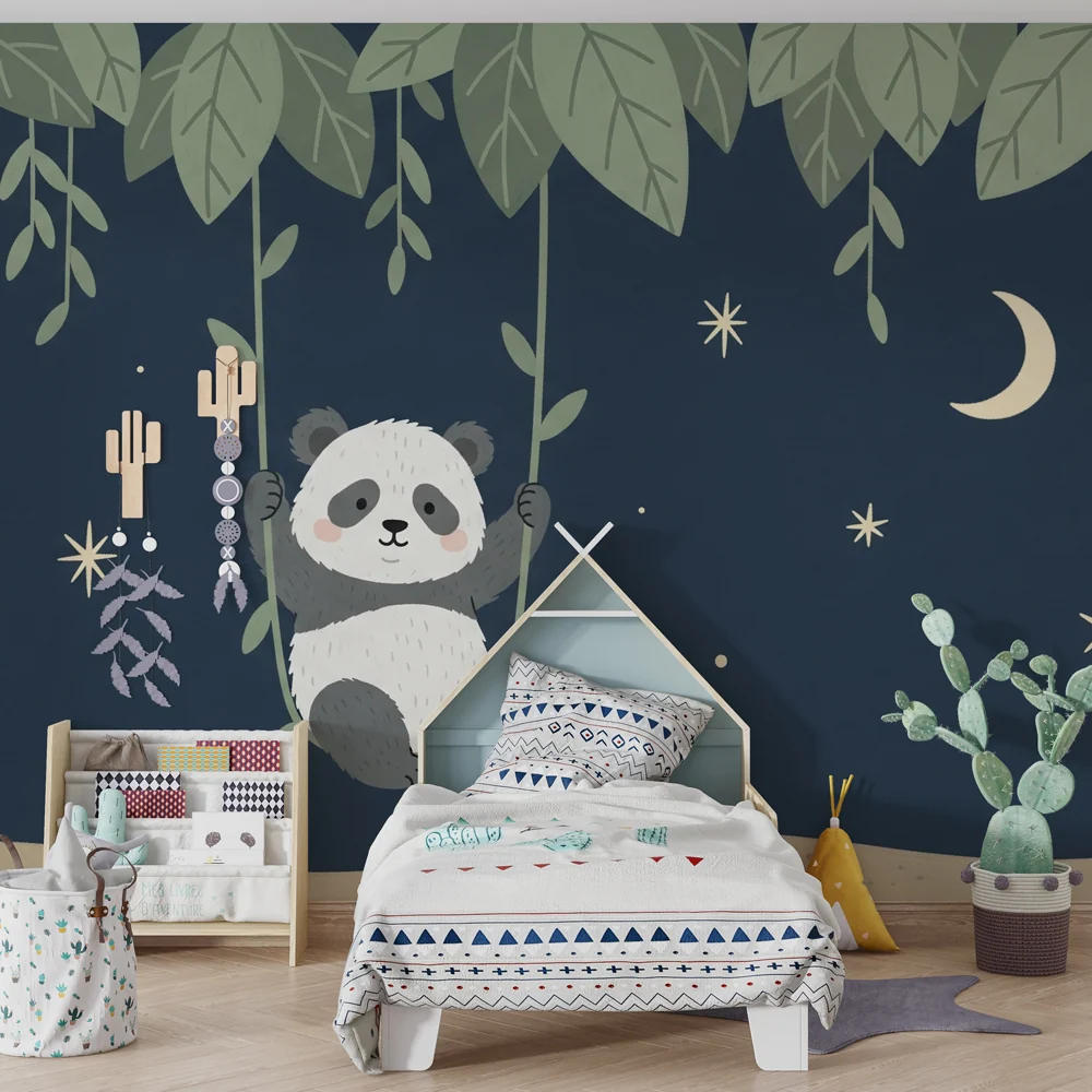 Nursery room wallpaper | Playful panda under stars