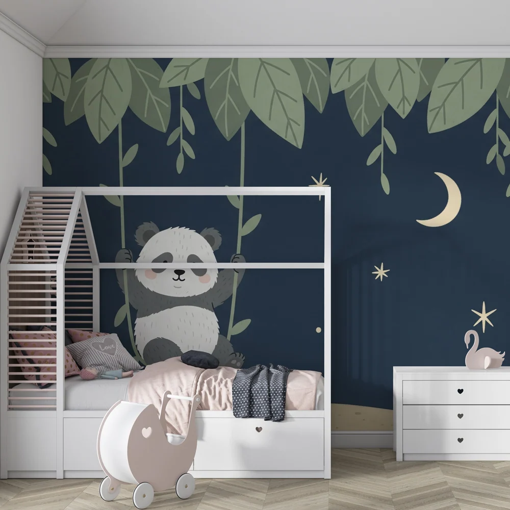Nursery room wallpaper | Playful panda under stars