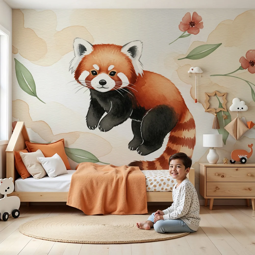 Nursery room wallpaper | Playful red panda and delicate flowers