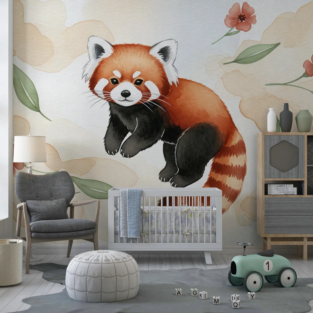 Nursery room wallpaper | Playful red panda and delicate flowers