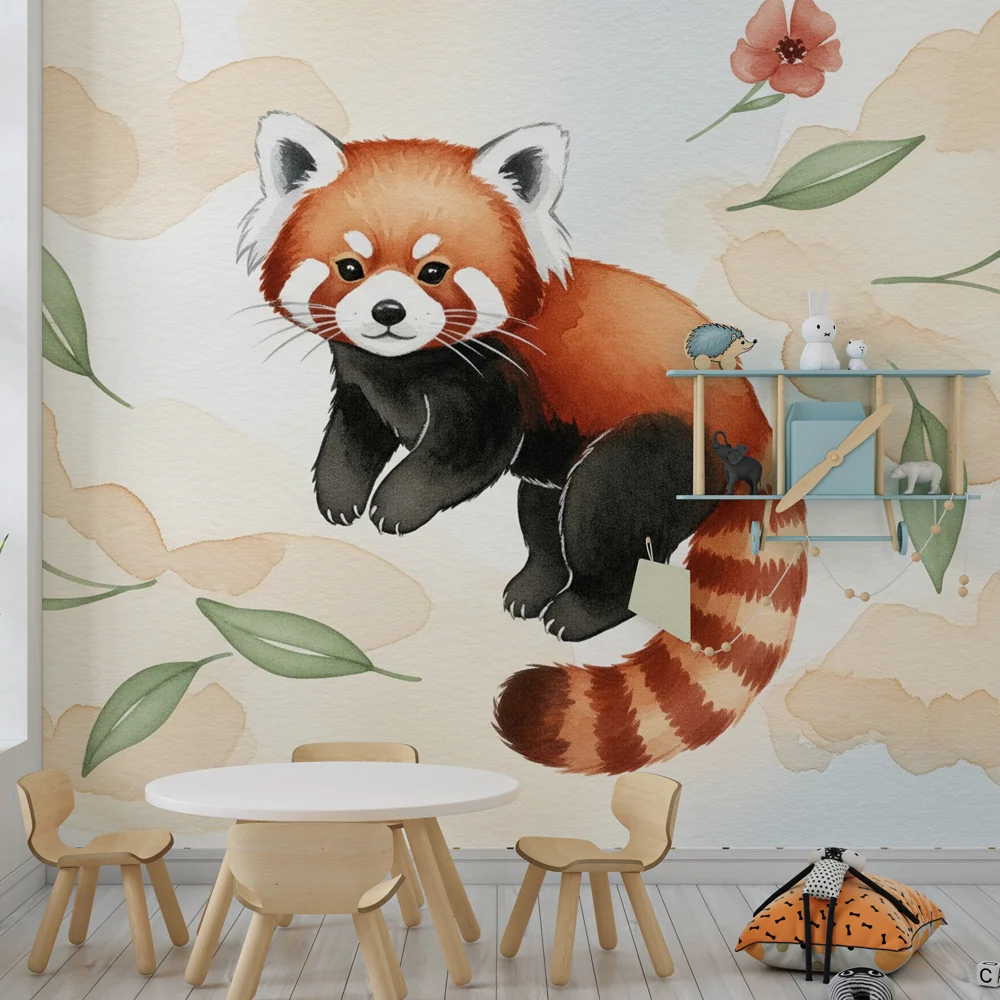 Nursery room wallpaper | Playful red panda and delicate flowers