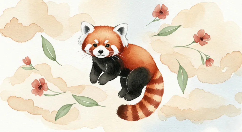 Nursery room wallpaper | Playful red panda and delicate flowers
