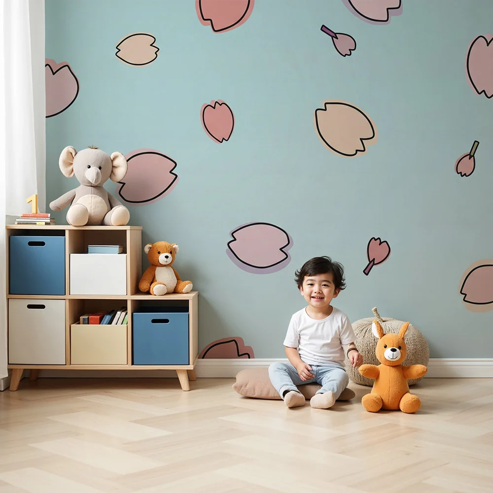 Nursery room wallpaper | Pétales sur fond bleu pastel