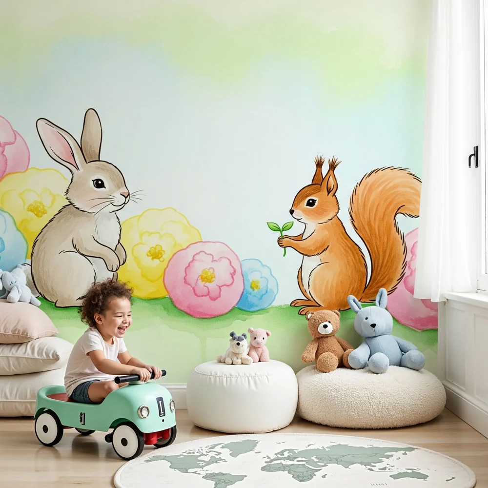 Nursery room wallpaper | Rabbit and squirrel middle flowers