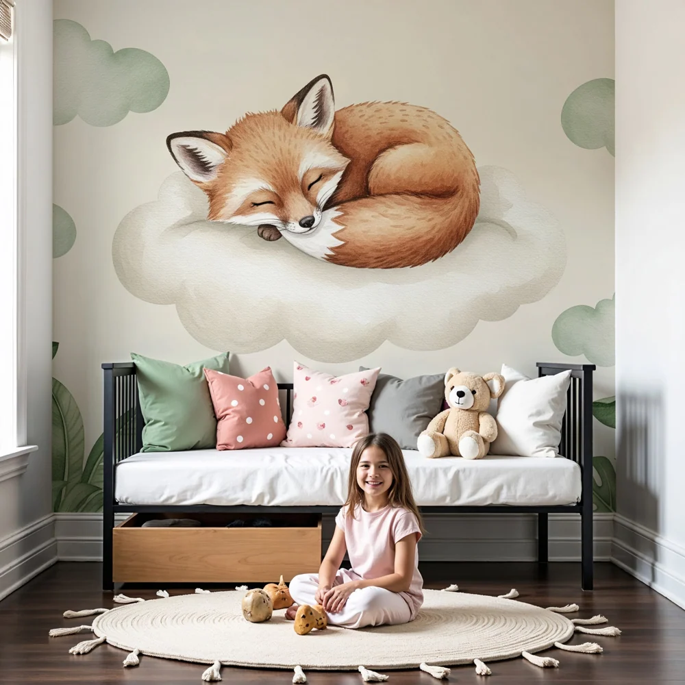 Nursery room wallpaper | Sleeping fox on cloud