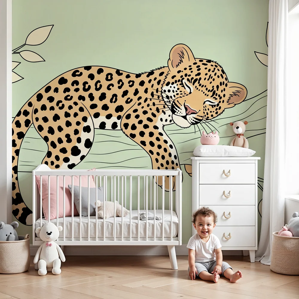 Nursery room wallpaper | Sleeping leopard on branch