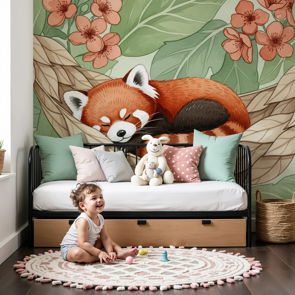 Nursery room wallpaper | Sleeping red panda middle flowers
