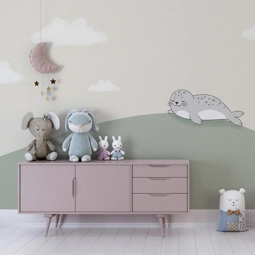 Nursery room wallpaper | Sleeping seal on gentle hill