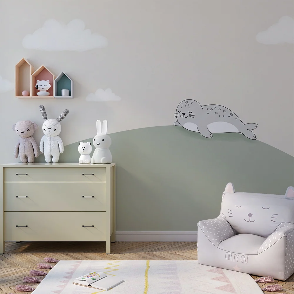Nursery room wallpaper | Sleeping seal on gentle hill