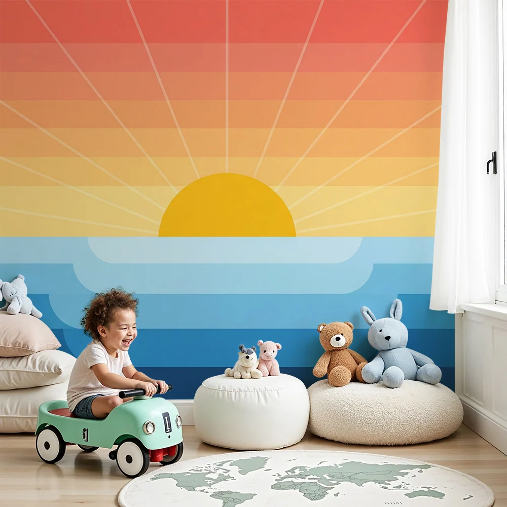 Nursery room wallpaper | Stilizált napfelkelte nyugtató színharmóniával