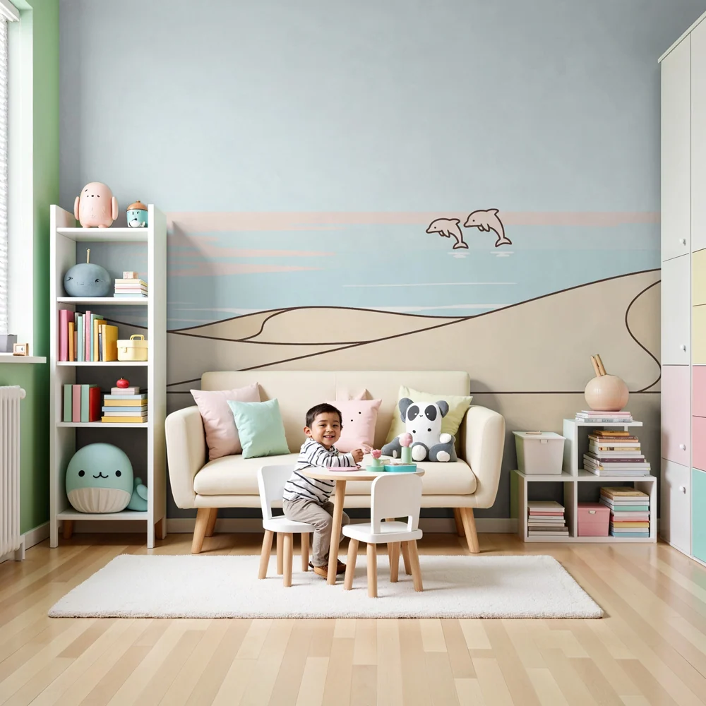 Nursery room wallpaper | Strand és delfinek dűnékben