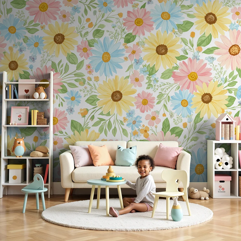 Nursery room wallpaper | Színes és finom virágok egy lágy hangulathoz