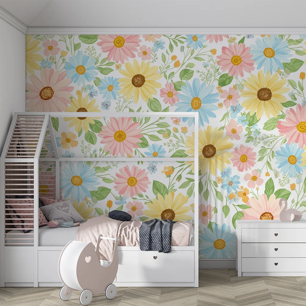 Nursery room wallpaper | Színes és finom virágok egy lágy hangulathoz