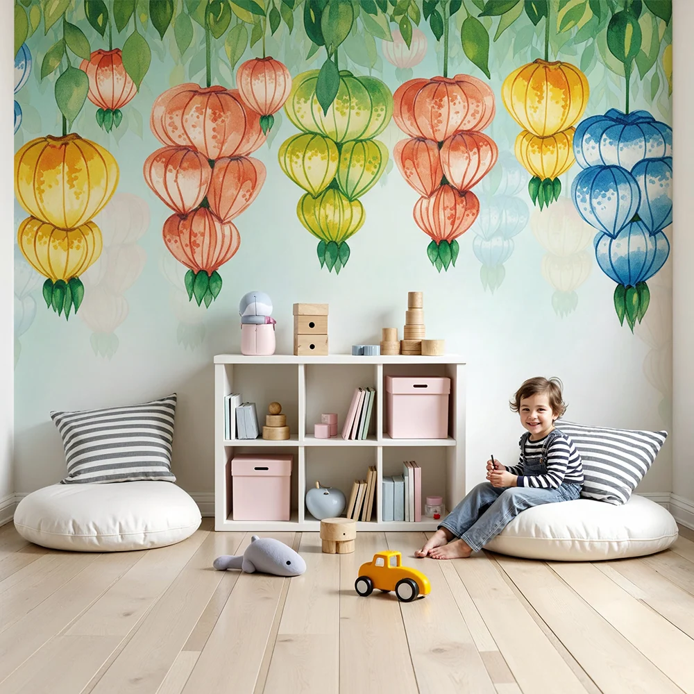 Nursery room wallpaper | Színes lampionok lógók puha háttér fölött