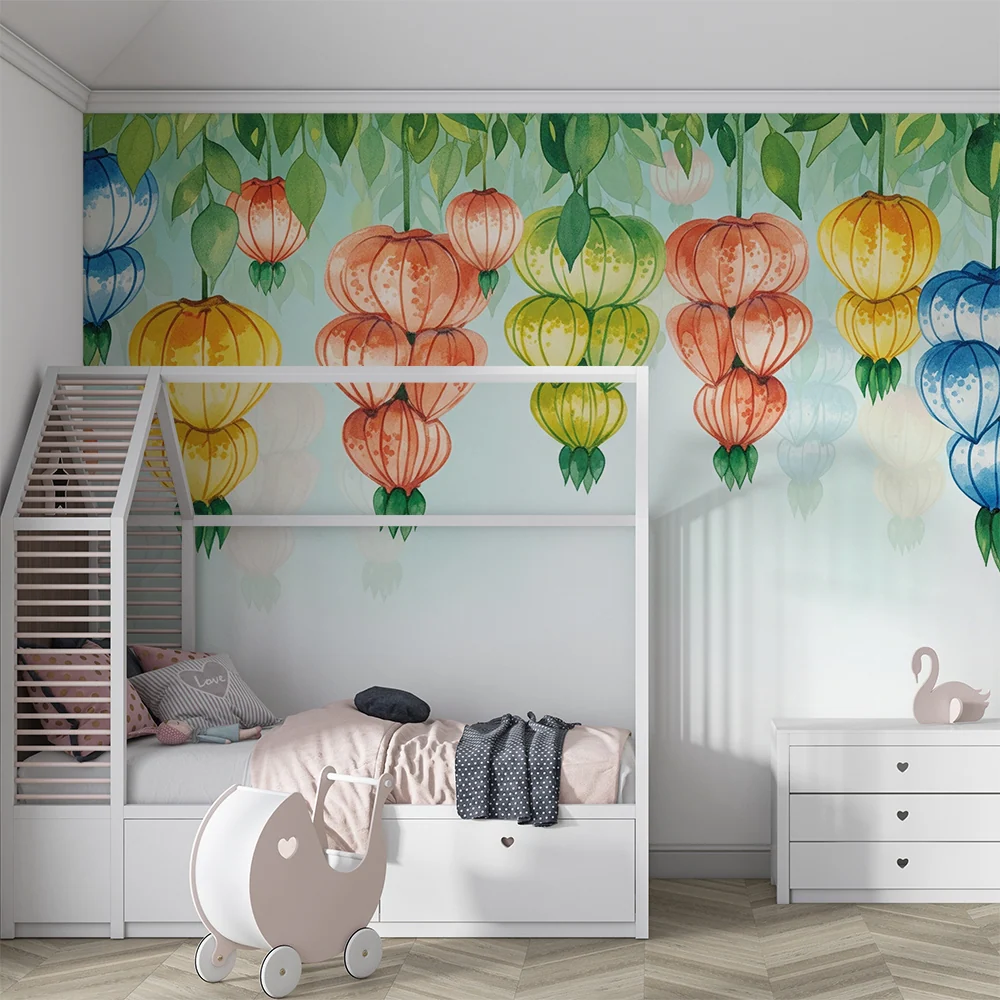 Nursery room wallpaper | Színes lampionok lógók puha háttér fölött