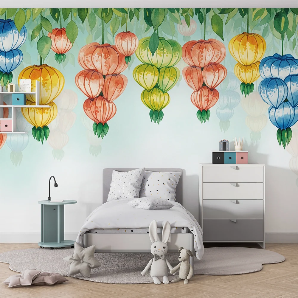 Nursery room wallpaper | Színes lampionok lógók puha háttér fölött