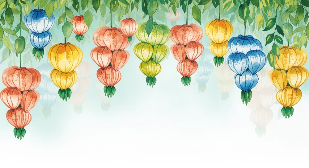 Nursery room wallpaper | Színes lampionok lógók puha háttér fölött