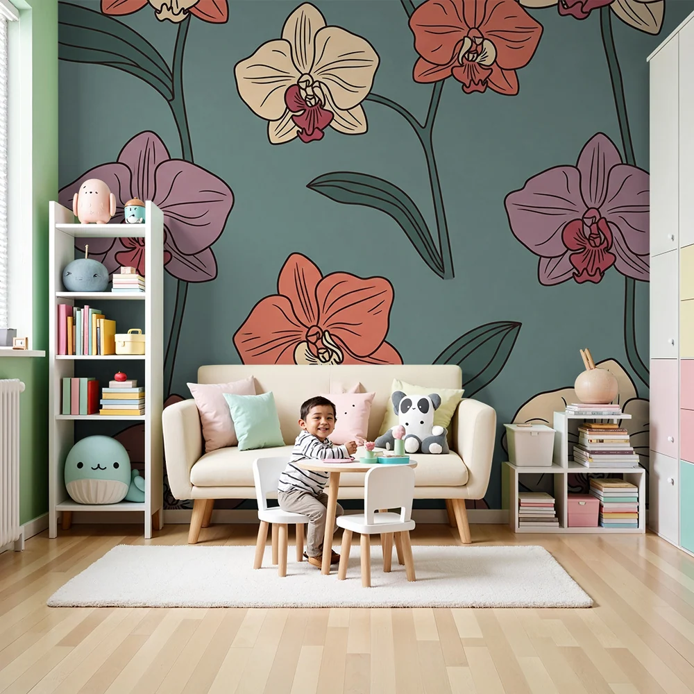 Nursery room wallpaper | Színes orchideák nyugtató háttérrel