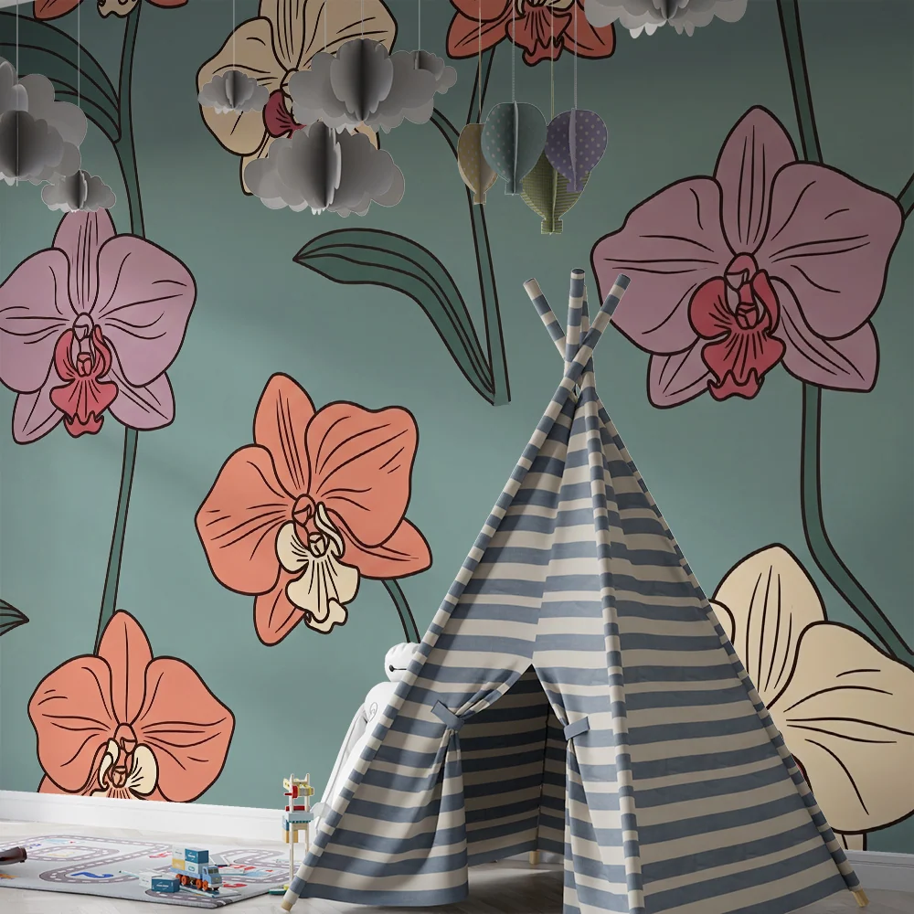 Nursery room wallpaper | Színes orchideák nyugtató háttérrel