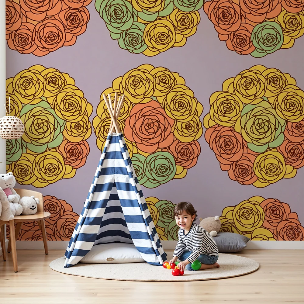 Nursery room wallpaper | Színes rózsacsokorok pasztell háttéren