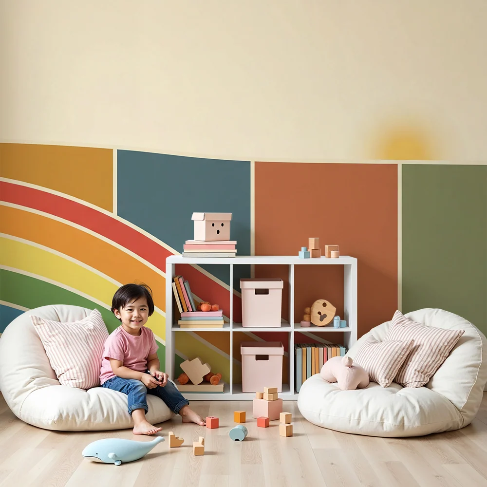 Nursery room wallpaper | Színes szivárvány és lágy formák meleg hangulatú környezetért