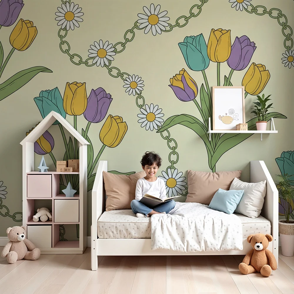 Nursery room wallpaper | Színes tulipánok és margaréták puha háttéren