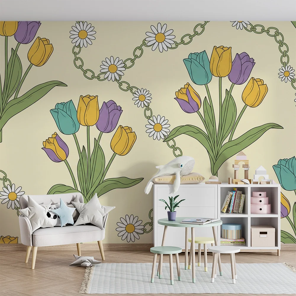 Nursery room wallpaper | Színes tulipánok és margaréták puha háttéren