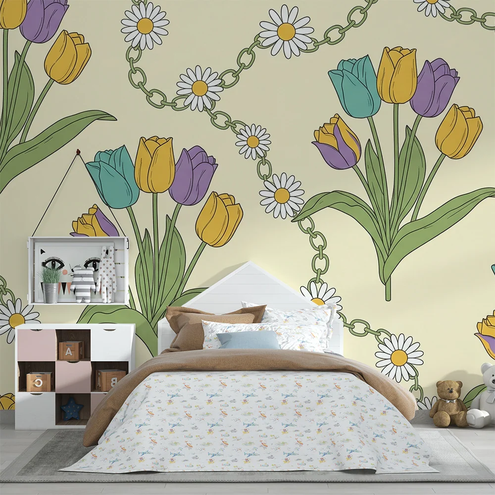 Nursery room wallpaper | Színes tulipánok és margaréták puha háttéren